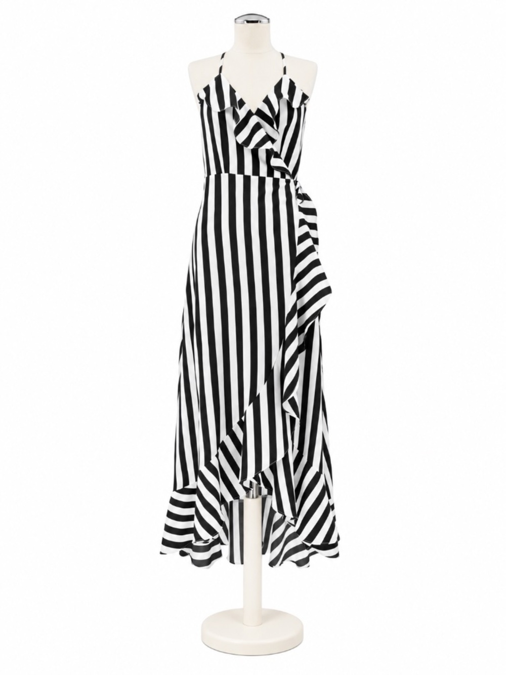 Flying Tomato Black White Striped Halter Wrap High Low Ruffle Maxi Dress | Small
